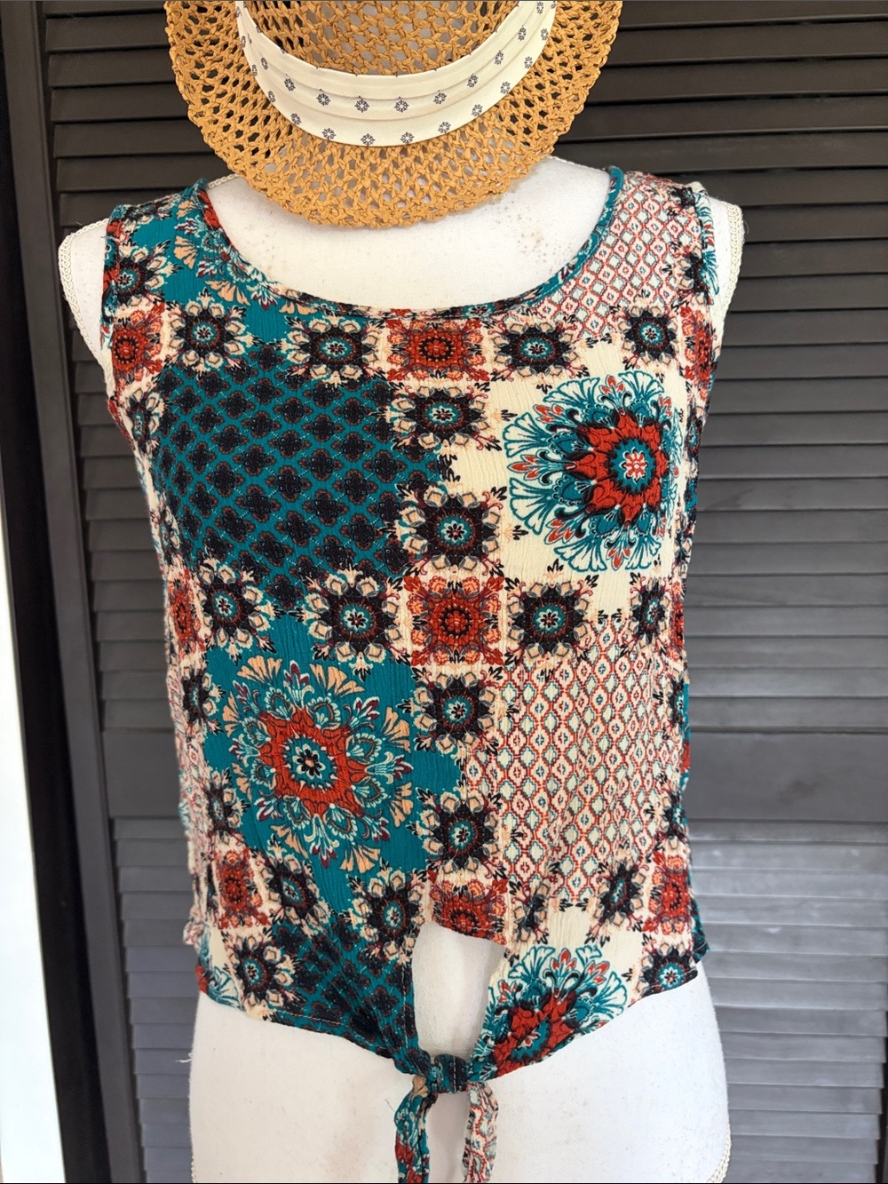 Tie-Front Patchwork Floral Camisole - Teal & Red